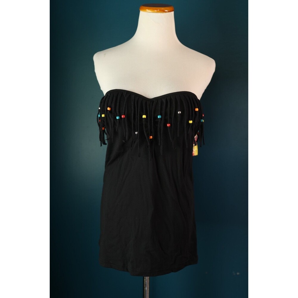 Vintage NWT Glo Jeans Y2K Black Beaded Fringe Tube Top Padded Fairy Cowgirl XL